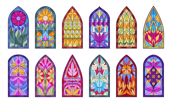 Окна Витражах Мозаичные Церковные Окна Декоративные Витражи Собора Плоские Векторные — стоковый вектор