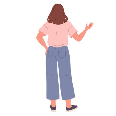 Kadın arkası pozisyonu. Arkadan kız bakışı, çarpıcı bir kadın karakteri. Beyaz arkaplanda düz vektör illüstrasyonu