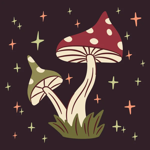 在蘑菇之间的魔法森林 神秘的苍蝇不可知论的 涂鸦蘑菇扁平的矢量符号在白色背景上的说明 — 图库矢量图片