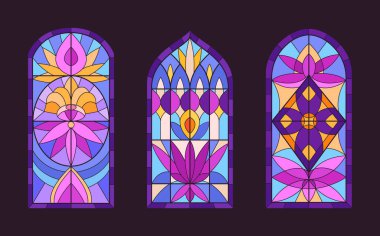 Kavisli cam pencereler. Kilise mozaik pencereleri, katedral boyalı camlar. Dekoratif cam pencereler düz vektör resimleme seti
