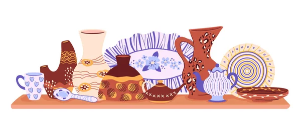 陶瓷餐具 采购产品现代陶器 手工手工餐具 厨房架子与装饰陶器 陶瓷餐具平面矢量插图 — 图库矢量图片