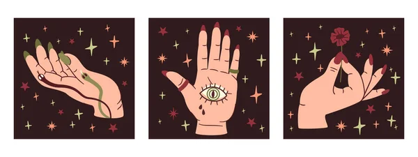 Cartazes Mãos Bruxa Palmas Mágicas Com Flor Doodle Cobra Olho — Vetor de Stock