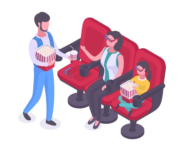 Isometric Cinema Visitors Family Sitting Movie Theatre Chairs Popcorn Soda — Stock Vector