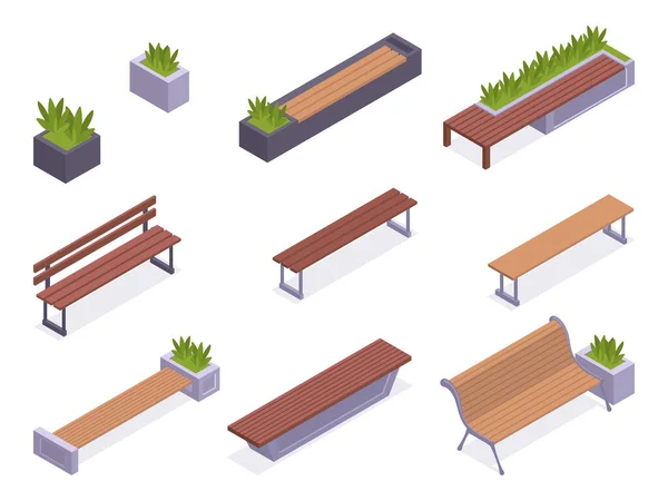 等距花园长椅 木制夏宫后院或城市公园长椅 现代长椅与种植绿化3D病媒图集 花园家具收藏 — 图库矢量图片