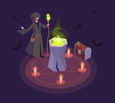 Isome 'ın cadılar bayramı partisi posteri. Büyücü büyülü bir ayin yapıyor. Ürkütücü Cadılar Bayramı 3d vektör arkaplan illüstrasyonu