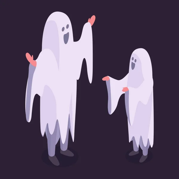 Papá Hijo Isométricos Usando Trajes Fantasmas Halloween Fiesta Mascarada Personajes — Vector de stock