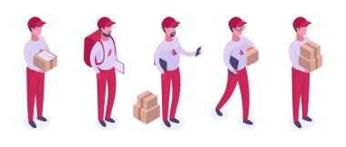 İzometrik kuryeler. Teslimat işçileri, paket taşıyan adamlar. Kargo işçileri 3d vektör çizimleri ayarlandı