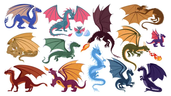Dragones Fantasía Dibujos Animados Miedo Fuego Respiración Reptiles Voladores Personajes — Vector de stock