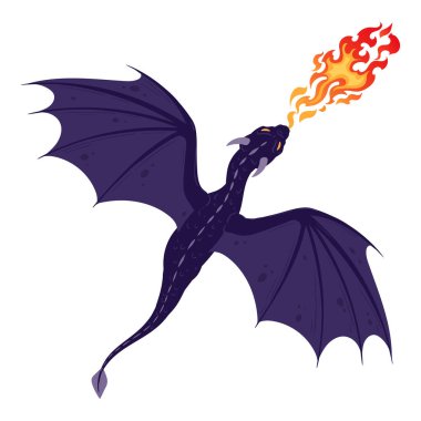Fire breathing dragon. Cartoon fantasy flying reptile, fairy dragon character flat vector illustration clipart