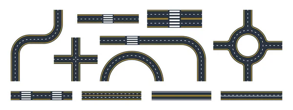 Highway caddeleri. Şehir işaretleri yollar ve kavşaklar, asfalt yol kıvrımları ve trafik daireleri düz vektör çizimi ayarlandı