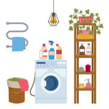 Banyo içi. Dekore edilmiş tuvalet, modern banyo içi çamaşır makinesi düz vektör arkaplan çizimi