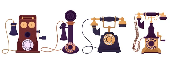 Staré Starožitné Telefony Retro Drátová Zařízení Staré Komunikační Přístroje Klasická — Stockový vektor