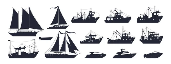 Statki Sylwetkami Łodzie Morskie Żaglówki Motorówki Trawlery Rybackie Kolekcja Ilustracji — Wektor stockowy