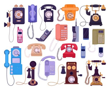 Çizgi film vintage telefonları. Retro cep telefonu, eski model telefon, klasik döner telefon düz vektör çizim seti. Eski telefon koleksiyonu