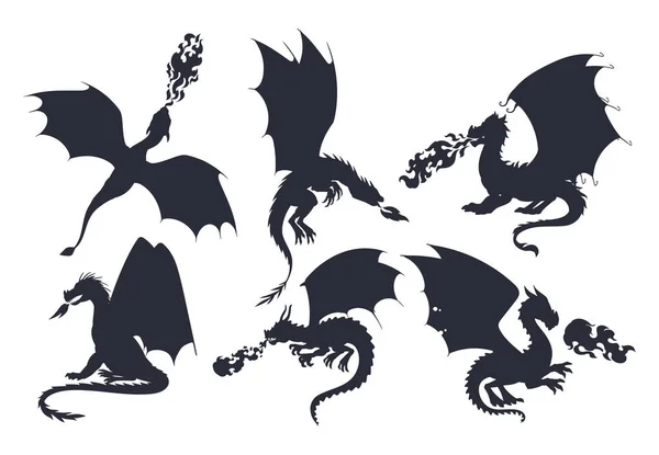 stock vector Dragons silhouettes. Flying fire breathing reptiles, medieval dragons characters. Fairy dragon silhouette flat vector illustration set