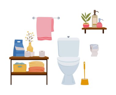 Çizgi film banyo içi. Tuvaleti ve lavabosu olan modern dekoratif tuvalet. Banyo içi düz vektör arkaplan illüstrasyonu