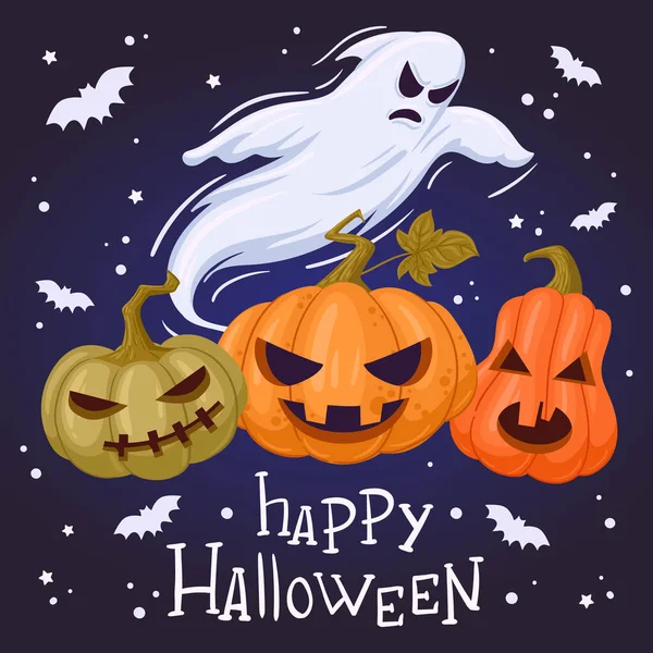 Bannière Fantômes Halloween Fantôme Effrayant Carte Citrouilles Illustration Fond Vectoriel — Image vectorielle