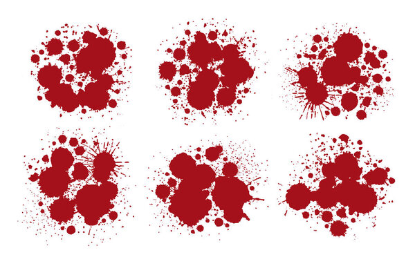Dripping blood splatter. Halloween spooky decorations, grunge red blood splash. Messy blood drops silhouettes flat vector illustration set
