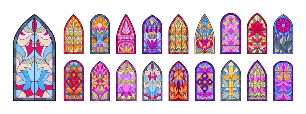 Okna Kostelní Mozaiky Nastavena Obloukové Sklo Dekorativní Skleněná Okna Katedrála — Stockový vektor