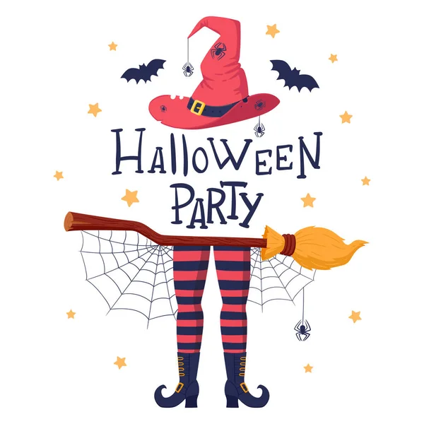 Halloween Poster Witch Party Poster Witch Stocksocking Legs Broom Witch — Stock Vector