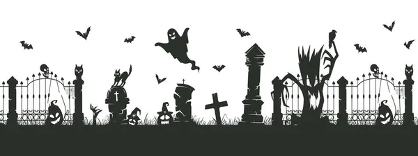 ハロウィーンの不気味な国境 不気味な墓地のシルエット 怖い木や墓石フラットベクトルイラストとハロウィンの装飾 — ストックベクタ