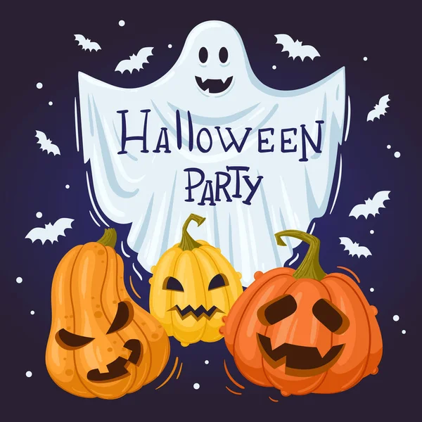 Affiche Fantôme Fête Halloween Spooky Citrouilles Fantôme Esprit Plat Vecteur — Image vectorielle