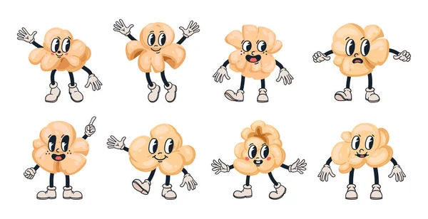 Popcorn Personages Cartoon Popping Maïs Schattig Mascottes Grappige Emoties Met — Stockvector