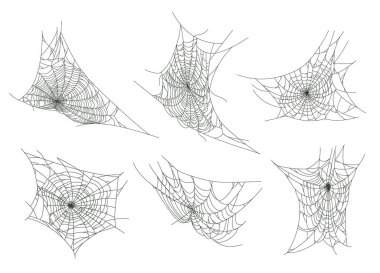 Cadılar Bayramı örümcek ağı. Ürkütücü korku cadılar bayramı örümcek ağı dekor düz vektör çizimi. Cadılar Bayramı örümcek ağları asılıyor