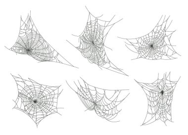 Halloween spider web. Spooky horror halloween cobweb decor flat vector illustration set. Hanging halloween spider webs clipart