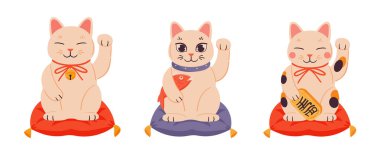 Şanslı kediler. Şanslı oryantal kediler, Japon Asya serveti geleneksel kedilerin düz vektör çizimleri