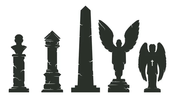 Halloween Obelisk Silhouettes Horror Cemetery Tombstones Halloween Angel Statues Gravestones — Stock Vector