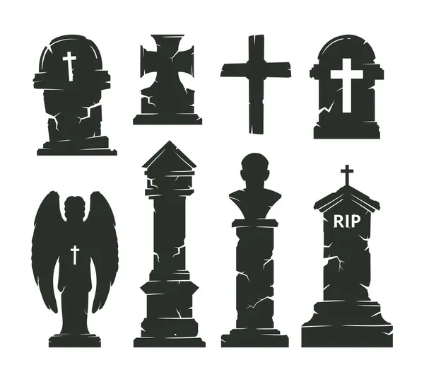 墓葬墓碑的轮廓 万圣节墓碑 墓园十字架和墓园之间可怕的圣所墓园平面矢量插画 — 图库矢量图片