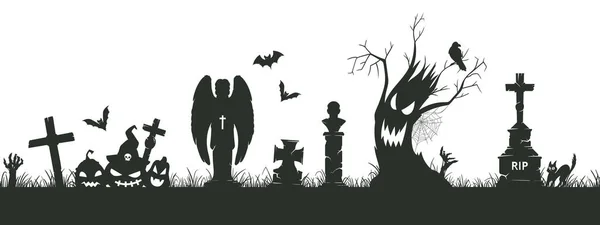 Halloween Kyrkogård Silhuett Gräns Läskiga Kyrkogårdsiluetter Läskiga Halloween Dekoration Med — Stock vektor