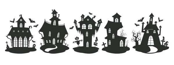 Spookhuizen Silhouetten Cartoon Halloween Spookhuis Griezelige Monsters Achtervolgden Huizen Huis — Stockvector