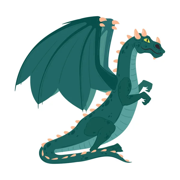 Dragon Bande Dessinée Mignon Reptile Fantasme Dragon Aux Ailes Vertes — Image vectorielle