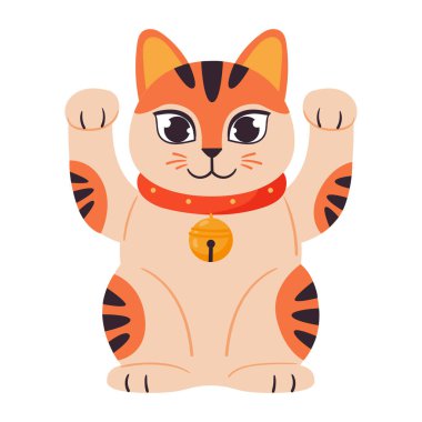 Asyalı karikatür şans kedisi. Geleneksel Japon şanslı maneki neko kedisi, zenginlik ve servet sevimli kedi hatırası düz vektör çizimi