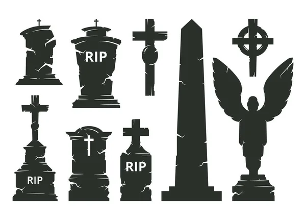 Cartoon Gravestone Silhouettes Halloween Cemetery Tombstones Horror Halloween Churchyard Gravestones — Stock Vector