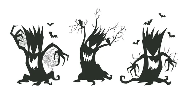 Gruselige Bäume Halloween Gruselig Baum Silhouetten Flachen Vektor Illustrationsset Horror — Stockvektor