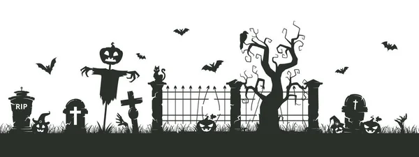 Halloween Kyrkogård Silhuett Gräns Kyrkogård Skrämmande Silhuett Skrämmande Halloween Dekoration — Stock vektor