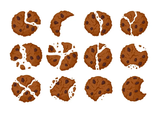 Cartoon Oatmeal Cookies Pieces Bitten Broken Chocolate Chips Cookie Crumbs — Stock Vector