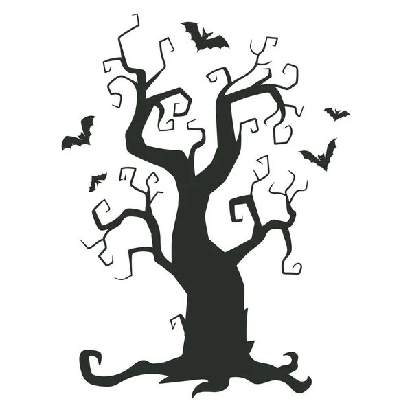 Halloween Läskigt Träd Tecknad Skräck Träd Och Fladdermöss Silhuett Platt — Stock vektor