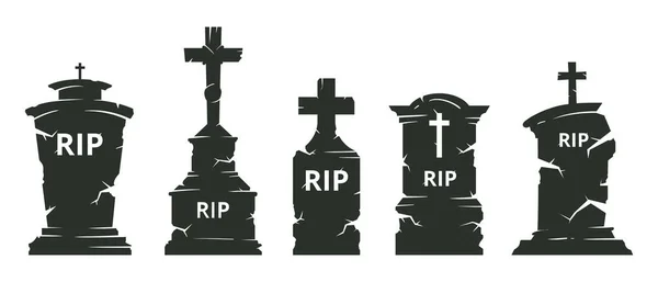 ハロウィンの墓石だ 漫画墓地墓石シルエット 恐怖ハロウィン墓石とクロスフラット漫画ベクトルイラストセット — ストックベクタ