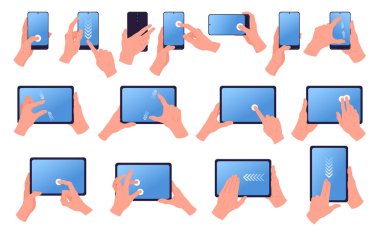 Ekran dokunuşu hareketleri. Çizgi filmlerdeki eller akıllı telefon ve tablet, tap, kaydırma, çimdikleme, yakınlaştırma ve döndürme hareketleri düz vektör illüstrasyon seti kullanıyor. Gadgets el hareketleri koleksiyonu