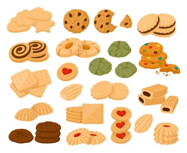 Çizgi film kurabiyeleri. Ev yapımı çikolata ve vanilyalı bisküvi, lezzetli fırın ürünü düz vektör çizim seti. Kurabiye koleksiyonu