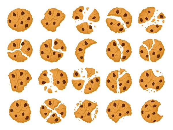 饼干碎了 卡通片香草和巧克力饼干与面包屑 脆美味饼干平面矢量插图集 自制巧克力曲奇饼 — 图库矢量图片