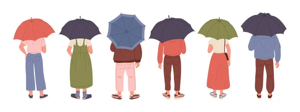 People Holding Umbrella Male Female Characters Rainy Weather Human Turned — Stock Vector