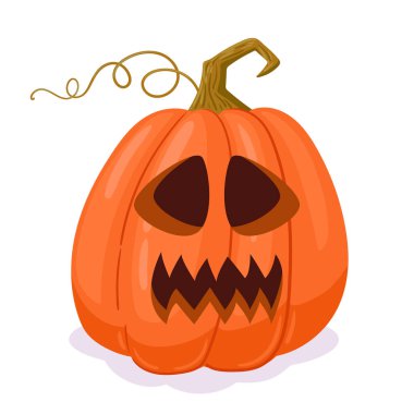 Karikatür oymalı balkabağı. Cadılar Bayramı korkunç balkabağı süslemesi, ürkütücü balkabağı feneri. Cadılar Bayramı kabak surat düz vektör çizimi