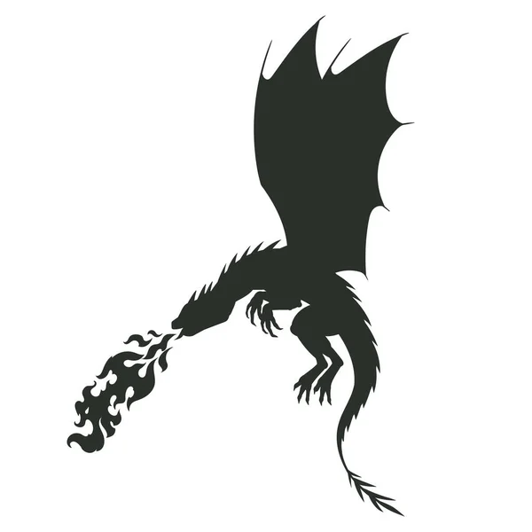 Fuego Respirando Silueta Dragón Dibujos Animados Volando Reptil Alado Dragón — Vector de stock