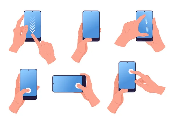 Kreslené Gesto Obrazovce Ruce Pomocí Chytrých Telefonů Poklepejte Přejeďte Štípněte — Stockový vektor