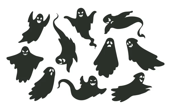 Siluetas Fantasmas Halloween Espeluznante Vuelo Fantasmas Misteriosos Fantasmas Sombras Nocturnas — Vector de stock